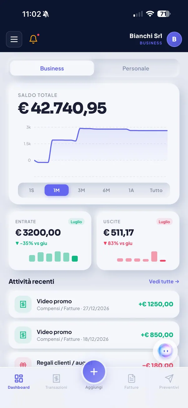 Dashboard di Konto: saldo, entrate e uscite del mese