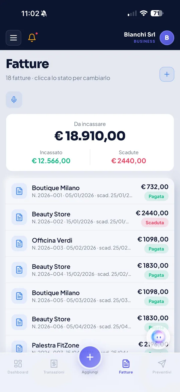 Fatture in Konto: da incassare, incassato, scadute e la lista con gli stati